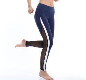Women's High Waisted Leggings & Mesh Sport Yoga Leggings for Causal (Color: navy, size: L)